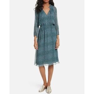 Rebecca Taylor Minnie Silk Blend Dress Sz 4 Metallic Floral Boho Blue Whimsy